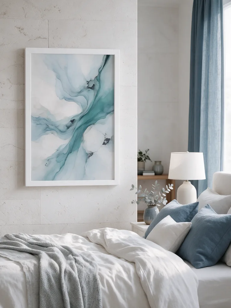Ocean Stone blue and brown abstract framed wall art - white frame lifestyle view