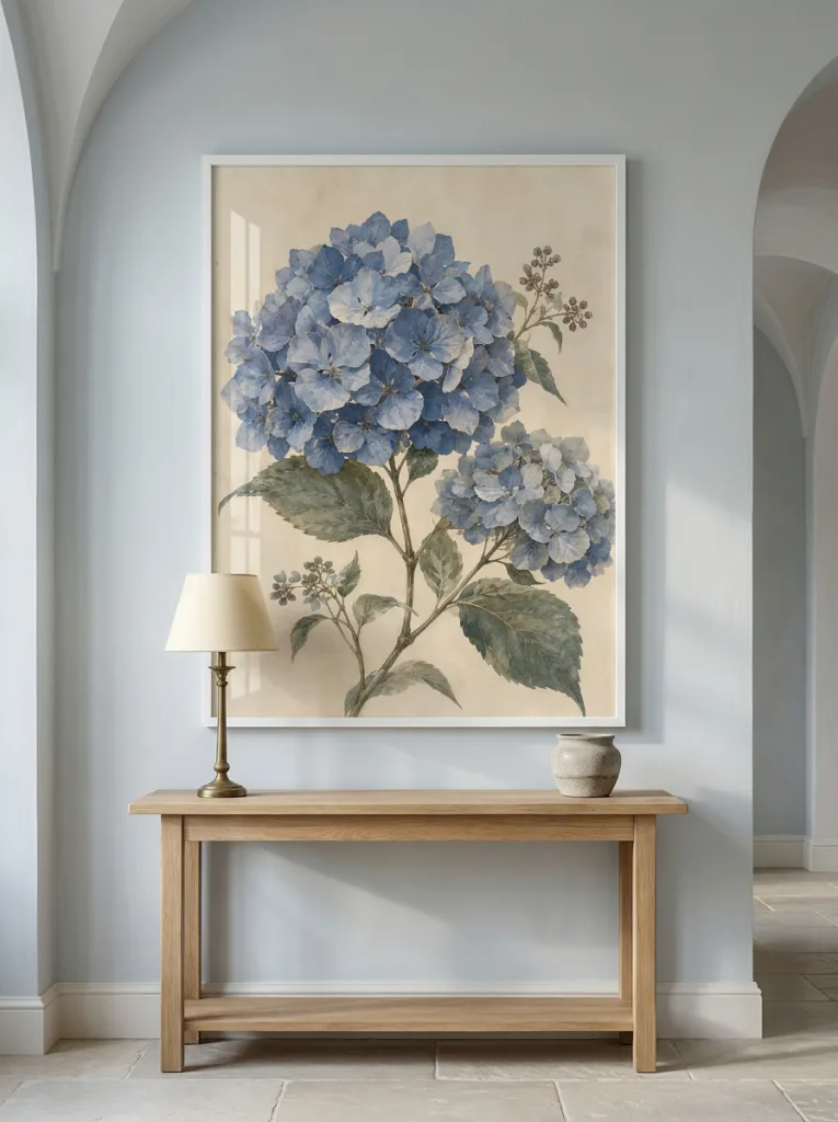 Hydrangea framed wall art - black frame lifestyle view