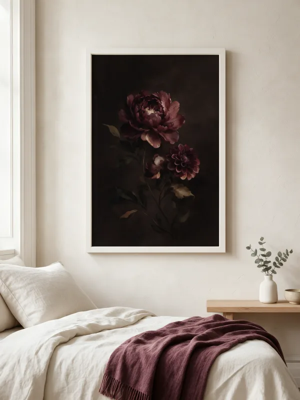 Burgundy Nocturne framed wall art - white frame lifestyle view