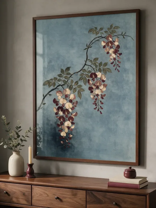 Wisteria Dusk framed wall art - white frame lifestyle view
