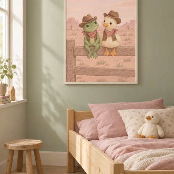 Cowboy Frog and Duck kids nursery print — frog and duck in cowboy hats on a fence, white frame
