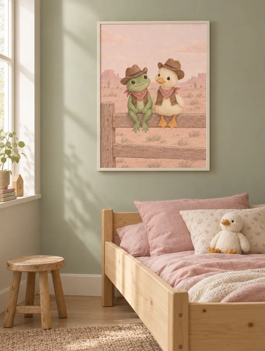 Cowboy Frog and Duck kids nursery print — frog and duck in cowboy hats on a fence, white frame