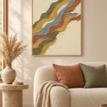 Impasto Waves textured abstract framed poster with thick ochre, green and blue brushstrokes