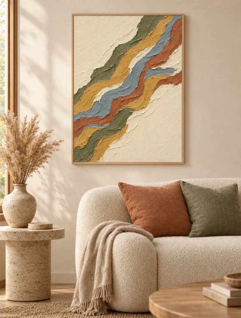 Impasto Waves textured abstract framed poster with thick ochre, green and blue brushstrokes